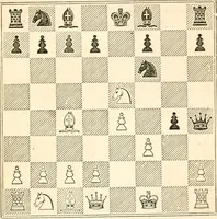An illustration from The book of chess: containing the rudiments of the game, and elementary analyses of the most popular openings ; exemplified in games actually played by the greatest masters; including Staunton's analysis of the king's and queen's gambits, numerous positions and problems on diagrams, both original and selected; also a series of chess tales, with illustrations engraved from original designs ; the whole extracted and translated from the best sources (1857)
