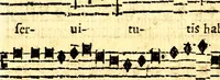An illustration from Breve instrvttione alli giovani per imparare con ogni facilità il canto fermo, divisa in dve parti. Nella prima s'assegano le regole svccinte d'esso canto, col vero modo di pratticarle. Il canto francescano, con vna regola al chorista per ben regger' il choro, ed vn' altra all' organista per lasciar in tono con l'organo i canti, ch' occorrono in tutto l'anno. Nella seconda si pone tvtt'il canto della Settimana santa con quello per la processione della purificatione della B.V. e quattro credi nel fine (1665)