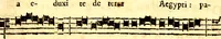 An illustration from Breve instrvttione alli giovani per imparare con ogni facilità il canto fermo, divisa in dve parti. Nella prima s'assegano le regole svccinte d'esso canto, col vero modo di pratticarle. Il canto francescano, con vna regola al chorista per ben regger' il choro, ed vn' altra all' organista per lasciar in tono con l'organo i canti, ch' occorrono in tutto l'anno. Nella seconda si pone tvtt'il canto della Settimana santa con quello per la processione della purificatione della B.V. e quattro credi nel fine (1665)