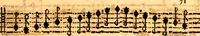 An illustration from Breve instrvttione alli giovani per imparare con ogni facilità il canto fermo, divisa in dve parti. Nella prima s'assegano le regole svccinte d'esso canto, col vero modo di pratticarle. Il canto francescano, con vna regola al chorista per ben regger' il choro, ed vn' altra all' organista per lasciar in tono con l'organo i canti, ch' occorrono in tutto l'anno. Nella seconda si pone tvtt'il canto della Settimana santa con quello per la processione della purificatione della B.V. e quattro credi nel fine (1665)