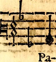 An illustration from Breve instrvttione alli giovani per imparare con ogni facilità il canto fermo, divisa in dve parti. Nella prima s'assegano le regole svccinte d'esso canto, col vero modo di pratticarle. Il canto francescano, con vna regola al chorista per ben regger' il choro, ed vn' altra all' organista per lasciar in tono con l'organo i canti, ch' occorrono in tutto l'anno. Nella seconda si pone tvtt'il canto della Settimana santa con quello per la processione della purificatione della B.V. e quattro credi nel fine (1665)