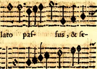 An illustration from Breve instrvttione alli giovani per imparare con ogni facilità il canto fermo, divisa in dve parti. Nella prima s'assegano le regole svccinte d'esso canto, col vero modo di pratticarle. Il canto francescano, con vna regola al chorista per ben regger' il choro, ed vn' altra all' organista per lasciar in tono con l'organo i canti, ch' occorrono in tutto l'anno. Nella seconda si pone tvtt'il canto della Settimana santa con quello per la processione della purificatione della B.V. e quattro credi nel fine (1665)