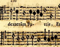 An illustration from Breve instrvttione alli giovani per imparare con ogni facilità il canto fermo, divisa in dve parti. Nella prima s'assegano le regole svccinte d'esso canto, col vero modo di pratticarle. Il canto francescano, con vna regola al chorista per ben regger' il choro, ed vn' altra all' organista per lasciar in tono con l'organo i canti, ch' occorrono in tutto l'anno. Nella seconda si pone tvtt'il canto della Settimana santa con quello per la processione della purificatione della B.V. e quattro credi nel fine (1665)