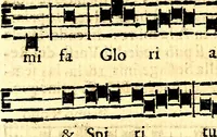 An illustration from Breve instrvttione alli giovani per imparare con ogni facilità il canto fermo, divisa in dve parti. Nella prima s'assegano le regole svccinte d'esso canto, col vero modo di pratticarle. Il canto francescano, con vna regola al chorista per ben regger' il choro, ed vn' altra all' organista per lasciar in tono con l'organo i canti, ch' occorrono in tutto l'anno. Nella seconda si pone tvtt'il canto della Settimana santa con quello per la processione della purificatione della B.V. e quattro credi nel fine (1665)