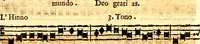 Picture 9 of 54 from Breve instrvttione alli giovani per imparare con ogni facilità il canto fermo, divisa in dve parti. Nella prima s'assegano le regole svccinte d'esso canto, col vero modo di pratticarle. Il canto francescano, con vna regola al chorista per ben regger' il choro, ed vn' altra all' organista per lasciar in tono con l'organo i canti, ch' occorrono in tutto l'anno. Nella seconda si pone tvtt'il canto della Settimana santa con quello per la processione della purificatione della B.V. e quattro credi nel fine (1665), leaf 72