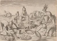 Picture 68 of 99 from Brevis narratio eorum quae in Florida Americae provincia Gallis acciderunt ... : quae est secunda pars Americae. Additae figurae et incolarum eicones ibidem ad vivum expressae, brevis item declaratio religionis, rituum, vivendique ratione ipsorum ... (1591), leaf 104