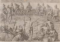 Picture 70 of 99 from Brevis narratio eorum quae in Florida Americae provincia Gallis acciderunt ... : quae est secunda pars Americae. Additae figurae et incolarum eicones ibidem ad vivum expressae, brevis item declaratio religionis, rituum, vivendique ratione ipsorum ... (1591), leaf 106