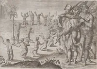 An illustration from Brevis narratio eorum quae in Florida Americae provincia Gallis acciderunt ... : quae est secunda pars Americae. Additae figurae et incolarum eicones ibidem ad vivum expressae, brevis item declaratio religionis, rituum, vivendique ratione ipsorum ... (1591)