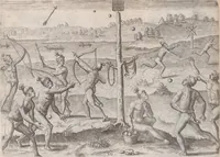 An illustration from Brevis narratio eorum quae in Florida Americae provincia Gallis acciderunt ... : quae est secunda pars Americae. Additae figurae et incolarum eicones ibidem ad vivum expressae, brevis item declaratio religionis, rituum, vivendique ratione ipsorum ... (1591)