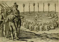 Picture 33 of 97 from Brevis narratio eorvm qvae in Florida Americæ provicia Gallis acciderunt : secunda in illam nauigatione, duce Renato de Laudõniere classis præfecto, anno MDLXIIII, qvae est secvnda pars Americæ : additæ figuræ & incolarum eicones ibidem ad vivu expressæ, brevis item declaratio religionis, rituum, vivendique ratione ipsorum (1591), leaf 36