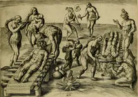 Picture 40 of 97 from Brevis narratio eorvm qvae in Florida Americæ provicia Gallis acciderunt : secunda in illam nauigatione, duce Renato de Laudõniere classis præfecto, anno MDLXIIII, qvae est secvnda pars Americæ : additæ figuræ & incolarum eicones ibidem ad vivu expressæ, brevis item declaratio religionis, rituum, vivendique ratione ipsorum (1591), leaf 44