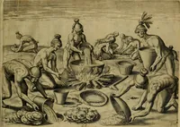 Picture 54 of 97 from Brevis narratio eorvm qvae in Florida Americæ provicia Gallis acciderunt : secunda in illam nauigatione, duce Renato de Laudõniere classis præfecto, anno MDLXIIII, qvae est secvnda pars Americæ : additæ figuræ & incolarum eicones ibidem ad vivu expressæ, brevis item declaratio religionis, rituum, vivendique ratione ipsorum (1591), leaf 58