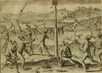 An illustration from Brevis narratio eorvm qvae in Florida Americæ provicia Gallis acciderunt : secunda in illam nauigatione, duce Renato de Laudõniere classis præfecto, anno MDLXIIII, qvae est secvnda pars Americæ : additæ figuræ & incolarum eicones ibidem ad vivu expressæ, brevis item declaratio religionis, rituum, vivendique ratione ipsorum (1591)