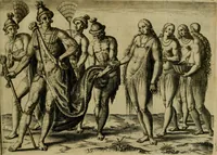An illustration from Brevis narratio eorvm qvae in Florida Americæ provicia Gallis acciderunt : secunda in illam nauigatione, duce Renato de Laudõniere classis præfecto, anno MDLXIIII, qvae est secvnda pars Americæ : additæ figuræ & incolarum eicones ibidem ad vivu expressæ, brevis item declaratio religionis, rituum, vivendique ratione ipsorum (1591)