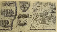 An illustration from Brevis narratio eorum quae in Florida Americae provi[n]cia Gallis acciderunt, : secunda in illam nauigatione, duce Renato de Laudo[n]niere classis praefecto anno M D LXIIII. Quae est secunda pars Americae. Additae figurae et incolarum eicones ibidem ad vivu[m] espressae brevis item declaratio religionis, rituum, vivendique ratione ipsorum. (1609)