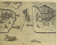 An illustration from Brevis narratio eorum quae in Florida Americae provi[n]cia Gallis acciderunt, : secunda in illam nauigatione, duce Renato de Laudo[n]niere classis praefecto anno M D LXIIII. Quae est secunda pars Americae. Additae figurae et incolarum eicones ibidem ad vivu[m] espressae brevis item declaratio religionis, rituum, vivendique ratione ipsorum. (1609)