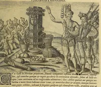 Picture 7 of 16 from Brevis narratio eorum quae in Florida Americae provi[n]cia Gallis acciderunt, : secunda in illam nauigatione, duce Renato de Laudo[n]niere classis praefecto anno M D LXIIII. Quae est secunda pars Americae. Additae figurae et incolarum eicones ibidem ad vivu[m] espressae brevis item declaratio religionis, rituum, vivendique ratione ipsorum. (1609), leaf 77
