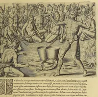 An illustration from Brevis narratio eorum quae in Florida Americae provi[n]cia Gallis acciderunt, : secunda in illam nauigatione, duce Renato de Laudo[n]niere classis praefecto anno M D LXIIII. Quae est secunda pars Americae. Additae figurae et incolarum eicones ibidem ad vivu[m] espressae brevis item declaratio religionis, rituum, vivendique ratione ipsorum. (1609)