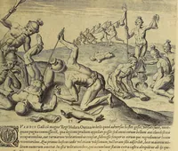 Picture 9 of 16 from Brevis narratio eorum quae in Florida Americae provi[n]cia Gallis acciderunt, : secunda in illam nauigatione, duce Renato de Laudo[n]niere classis praefecto anno M D LXIIII. Quae est secunda pars Americae. Additae figurae et incolarum eicones ibidem ad vivu[m] espressae brevis item declaratio religionis, rituum, vivendique ratione ipsorum. (1609), leaf 91
