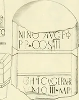Picture 51 of 240 from Britannia romana: : or, The Roman antiquities of Britain: in three books. I. History of all the Roman transactions in Britain, also description of the Roman walls. II. Collection of the Roman inscriptions and sculptures discovered in Britain. III. The Roman geography of Britain, in which are given the originals of Ptolemy, Antonini Itinerarium, the Notitia, the anonymous Ravennas and Peutinger's table, so far as they relate to this island. To which are added a chronological table, and indexes to the inscriptions and sculptures. Also geographical indexes both of the Latin and English names of the Roman places in Britain, and a general index to the work (1732), leaf 332