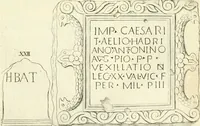 An illustration from Britannia romana: : or, The Roman antiquities of Britain: in three books. I. History of all the Roman transactions in Britain, also description of the Roman walls. II. Collection of the Roman inscriptions and sculptures discovered in Britain. III. The Roman geography of Britain, in which are given the originals of Ptolemy, Antonini Itinerarium, the Notitia, the anonymous Ravennas and Peutinger's table, so far as they relate to this island. To which are added a chronological table, and indexes to the inscriptions and sculptures. Also geographical indexes both of the Latin and English names of the Roman places in Britain, and a general index to the work (1732)