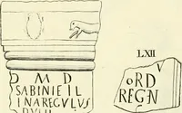 An illustration from Britannia romana: : or, The Roman antiquities of Britain: in three books. I. History of all the Roman transactions in Britain, also description of the Roman walls. II. Collection of the Roman inscriptions and sculptures discovered in Britain. III. The Roman geography of Britain, in which are given the originals of Ptolemy, Antonini Itinerarium, the Notitia, the anonymous Ravennas and Peutinger's table, so far as they relate to this island. To which are added a chronological table, and indexes to the inscriptions and sculptures. Also geographical indexes both of the Latin and English names of the Roman places in Britain, and a general index to the work (1732)