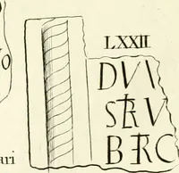 An illustration from Britannia romana: : or, The Roman antiquities of Britain: in three books. I. History of all the Roman transactions in Britain, also description of the Roman walls. II. Collection of the Roman inscriptions and sculptures discovered in Britain. III. The Roman geography of Britain, in which are given the originals of Ptolemy, Antonini Itinerarium, the Notitia, the anonymous Ravennas and Peutinger's table, so far as they relate to this island. To which are added a chronological table, and indexes to the inscriptions and sculptures. Also geographical indexes both of the Latin and English names of the Roman places in Britain, and a general index to the work (1732)