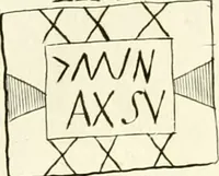 An illustration from Britannia romana: : or, The Roman antiquities of Britain: in three books. I. History of all the Roman transactions in Britain, also description of the Roman walls. II. Collection of the Roman inscriptions and sculptures discovered in Britain. III. The Roman geography of Britain, in which are given the originals of Ptolemy, Antonini Itinerarium, the Notitia, the anonymous Ravennas and Peutinger's table, so far as they relate to this island. To which are added a chronological table, and indexes to the inscriptions and sculptures. Also geographical indexes both of the Latin and English names of the Roman places in Britain, and a general index to the work (1732)