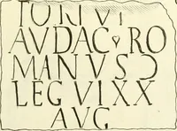 An illustration from Britannia romana: : or, The Roman antiquities of Britain: in three books. I. History of all the Roman transactions in Britain, also description of the Roman walls. II. Collection of the Roman inscriptions and sculptures discovered in Britain. III. The Roman geography of Britain, in which are given the originals of Ptolemy, Antonini Itinerarium, the Notitia, the anonymous Ravennas and Peutinger's table, so far as they relate to this island. To which are added a chronological table, and indexes to the inscriptions and sculptures. Also geographical indexes both of the Latin and English names of the Roman places in Britain, and a general index to the work (1732)