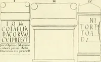 An illustration from Britannia romana: : or, The Roman antiquities of Britain: in three books. I. History of all the Roman transactions in Britain, also description of the Roman walls. II. Collection of the Roman inscriptions and sculptures discovered in Britain. III. The Roman geography of Britain, in which are given the originals of Ptolemy, Antonini Itinerarium, the Notitia, the anonymous Ravennas and Peutinger's table, so far as they relate to this island. To which are added a chronological table, and indexes to the inscriptions and sculptures. Also geographical indexes both of the Latin and English names of the Roman places in Britain, and a general index to the work (1732)
