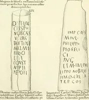 An illustration from Britannia romana: : or, The Roman antiquities of Britain: in three books. I. History of all the Roman transactions in Britain, also description of the Roman walls. II. Collection of the Roman inscriptions and sculptures discovered in Britain. III. The Roman geography of Britain, in which are given the originals of Ptolemy, Antonini Itinerarium, the Notitia, the anonymous Ravennas and Peutinger's table, so far as they relate to this island. To which are added a chronological table, and indexes to the inscriptions and sculptures. Also geographical indexes both of the Latin and English names of the Roman places in Britain, and a general index to the work (1732)