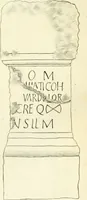 An illustration from Britannia romana: : or, The Roman antiquities of Britain: in three books. I. History of all the Roman transactions in Britain, also description of the Roman walls. II. Collection of the Roman inscriptions and sculptures discovered in Britain. III. The Roman geography of Britain, in which are given the originals of Ptolemy, Antonini Itinerarium, the Notitia, the anonymous Ravennas and Peutinger's table, so far as they relate to this island. To which are added a chronological table, and indexes to the inscriptions and sculptures. Also geographical indexes both of the Latin and English names of the Roman places in Britain, and a general index to the work (1732)