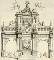 An illustration from Brusselsche eer-triumphen : dat is eene waerachtighe beschreijvinge van alle de hertoghlijcke huldinghen, der keyseren, koninghen, konighinnen, hertoghen en princen inne-komsten, vreugde-fessten en tournoy-spelen : gheschiet binnen princelijcke stadt Brussel, t'sedert hare op-bauwinghe tot desen teghenwoordighen dagh toe : eyndende met waerachtighe beschrijvinghe van de groote feeste, van het dry hondert jarigh jubile van het hoogh-weerdigh H. Sacrament van Mirakalen : waer en alles, dat daer in de voorschreve feeste gheschiet is, soo raeckende den dienst in de kerke, als den gangh van de processie, met alle sijne bediedtselen en triumph-waeghens, en verciersel van den wegh der processie verhaelt staen : en de arcken triumphael, in fijne kopere platen zijn uyt-gedruckt (1670)