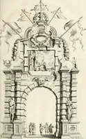 An illustration from Brusselsche eer-triumphen : dat is eene waerachtighe beschreijvinge van alle de hertoghlijcke huldinghen, der keyseren, koninghen, konighinnen, hertoghen en princen inne-komsten, vreugde-fessten en tournoy-spelen : gheschiet binnen princelijcke stadt Brussel, t'sedert hare op-bauwinghe tot desen teghenwoordighen dagh toe : eyndende met waerachtighe beschrijvinghe van de groote feeste, van het dry hondert jarigh jubile van het hoogh-weerdigh H. Sacrament van Mirakalen : waer en alles, dat daer in de voorschreve feeste gheschiet is, soo raeckende den dienst in de kerke, als den gangh van de processie, met alle sijne bediedtselen en triumph-waeghens, en verciersel van den wegh der processie verhaelt staen : en de arcken triumphael, in fijne kopere platen zijn uyt-gedruckt (1670)