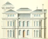 An illustration from The builder's practical director; or, Buildings for all classes, containing plans, sections and elevations for the erection of cottages, villas, farm buildings, dispensaries, public schools, &c., with detailed estimates, quantities, prices, &c. .. (1855)