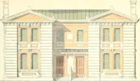 An illustration from The builder's practical director; or, Buildings for all classes, containing plans, sections and elevations for the erection of cottages, villas, farm buildings, dispensaries, public schools, &c., with detailed estimates, quantities, prices, &c. .. (1855)