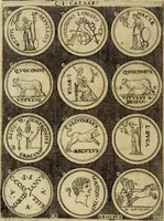 An illustration from Omnivm Caesarvm verissimae imagines ex antiqvis nvmismatis desvmptae : addita per brevi cvivsque vitae descriptiones ac diligenti eorvm, qvae reperiri potvervnt nvmismatvm, aversae partis delineatione. Libri primi (1554)