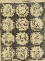 An illustration from Omnivm Caesarvm verissimae imagines ex antiqvis nvmismatis desvmptae : addita per brevi cvivsque vitae descriptiones ac diligenti eorvm, qvae reperiri potvervnt nvmismatvm, aversae partis delineatione. Libri primi (1554)