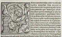 An illustration from Capitulos nueuamente concedidos por la S.C.C.M. del emperador y rey n[uest]ro señor: en las cortes que tuuo, y celebro en la ciudad de Toledo en el año passado de. M.D. y. xxxix. años. : Con la declaracion d[e] las pregmaticas d[e] las mulas, y q[ua]rtaos [sic]. Ju[n]tamente co[n] los capitulos dicedidos e[n] las cortes q[ue] assi mismo tuuo, y celebro e[n] la villa de Valladolid: este año de mill [et] quinie[n]tos y. xl. ii. años. (1542)