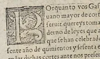 An illustration from Capitulos y leyes discedidos en las cortes q[ue] Su Magestad del rey don Phelipe nuestro señor tuuo y celebro en la ciudad de Toledo: q[ue] se començaro[n] el año passado de M.D. Lix. y se fenesciero[n] y acabaro[n] este presente año de mil y quinientos y sesenta. : Van añadidas. La pregmatica para q[ue] ningu[n] natural destos reynos vaya a estudiar fuera d[e]llos. Y vna prouision q[ue] Su M[agestad] mando hazer cerca de la talla delas aues q[ue] se toma[n] para la caça de su M[agestad]. Y otra pregmatica para q[ue] los gitanos no anden por estos reynos. Y otra prouisio[n] para q[ue] los mesones este[n] bie[n] proueydos de los mantenie[n]tos necessarios. Y vna cedula de Su M[agestad] sobre la orden q[ue] se ha de tener en los recognoscimie[n]tos de conocimientos y execucion dellos (1560)