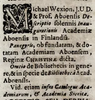 An illustration from Casparis Thurmanni, JC., consiliarii quondam Saxo-Lauenburgici, Bibliotheca academica : de rebus et juribus non tantùm academiarum, & academicorum, sed etiam doctorum, aliorumq[ue] eruditorum, extra academias viventium, imò universae rei literariae immunitatibus, privilegiis, atque praerogativis, &c. : ex innumeris ferè omnium facultatum autoribus in Europâ editis multorum annorum industriâ collecta, jam verò in orbis literarii commodum publici juris facta (1700)