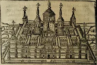 An illustration from Catalogo real, y genealogico de España, ascendencias, y descendencias de nuestros catolicos principes, y monarcas supremos : reformado, y añadido en esta ultima impression, con singulares noticias, curiosos origines de familias, con sejos, ordenes, dignidades ecclesiasticas, y seglares, gloriosos hechos, varios succesos, y nouedades antiguas, dignas de perpetua memoria (1656)