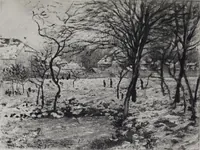 An illustration from Catalogue de tableaux modernes de premier ordre, pastels, aquarelles, dessins : œuvres importantes de: Besnard, Bonvin, Carriere, Cazin, Corot, Daubigny, Daumier, Degas, Diaz, Forain, Harpignies, Lebourg, Meissonier, Millet, Monet, Puvis de Chavannes, Théodore Rousseau, Renoir, Sisley, etc.; sculptures par Barye, Carriés, Dalou, Gémito, Rodin (1897)