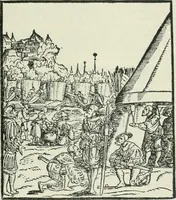 An illustration from Catalogue of an important library of rare and valuable books; incunabula typographica, mostly in original bindings; illustrated books of the XVIth and XVIIIth century; early Americana; Standard works on the fine arts; bibles and liturgical books; fine bindings; Judaica; early books on geography, etc., including Hypnerotomachia Poliphili, 1499; Schatzbehalter, 1491; Terentius, Venezia, 1497; Valturius, 1483; Dürers Hroswitha, Proportion a.o. Holbeins Dance of Death, 1538; The first Holbein Bible; Theuerdank, 1519; Monument du Costume; Janscha-Ziegler, Rheinansichten, etc (1900)