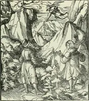 An illustration from Catalogue of an important library of rare and valuable books; incunabula typographica, mostly in original bindings; illustrated books of the XVIth and XVIIIth century; early Americana; Standard works on the fine arts; bibles and liturgical books; fine bindings; Judaica; early books on geography, etc., including Hypnerotomachia Poliphili, 1499; Schatzbehalter, 1491; Terentius, Venezia, 1497; Valturius, 1483; Dürers Hroswitha, Proportion a.o. Holbeins Dance of Death, 1538; The first Holbein Bible; Theuerdank, 1519; Monument du Costume; Janscha-Ziegler, Rheinansichten, etc (1900)