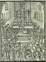 An illustration from Catalogue of an important library of rare and valuable books; incunabula typographica, mostly in original bindings; illustrated books of the XVIth and XVIIIth century; early Americana; Standard works on the fine arts; bibles and liturgical books; fine bindings; Judaica; early books on geography, etc., including Hypnerotomachia Poliphili, 1499; Schatzbehalter, 1491; Terentius, Venezia, 1497; Valturius, 1483; Dürers Hroswitha, Proportion a.o. Holbeins Dance of Death, 1538; The first Holbein Bible; Theuerdank, 1519; Monument du Costume; Janscha-Ziegler, Rheinansichten, etc (1900)