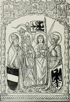 An illustration from Catalogue of an important library of rare and valuable books; incunabula typographica, mostly in original bindings; illustrated books of the XVIth and XVIIIth century; early Americana; Standard works on the fine arts; bibles and liturgical books; fine bindings; Judaica; early books on geography, etc., including Hypnerotomachia Poliphili, 1499; Schatzbehalter, 1491; Terentius, Venezia, 1497; Valturius, 1483; Dürers Hroswitha, Proportion a.o. Holbeins Dance of Death, 1538; The first Holbein Bible; Theuerdank, 1519; Monument du Costume; Janscha-Ziegler, Rheinansichten, etc (1900)