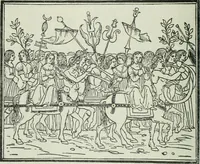 An illustration from Catalogue of an important library of rare and valuable books; incunabula typographica, mostly in original bindings; illustrated books of the XVIth and XVIIIth century; early Americana; Standard works on the fine arts; bibles and liturgical books; fine bindings; Judaica; early books on geography, etc., including Hypnerotomachia Poliphili, 1499; Schatzbehalter, 1491; Terentius, Venezia, 1497; Valturius, 1483; Dürers Hroswitha, Proportion a.o. Holbeins Dance of Death, 1538; The first Holbein Bible; Theuerdank, 1519; Monument du Costume; Janscha-Ziegler, Rheinansichten, etc (1900)