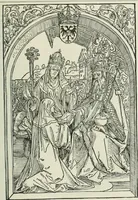 An illustration from Catalogue of an important library of rare and valuable books; incunabula typographica, mostly in original bindings; illustrated books of the XVIth and XVIIIth century; early Americana; Standard works on the fine arts; bibles and liturgical books; fine bindings; Judaica; early books on geography, etc., including Hypnerotomachia Poliphili, 1499; Schatzbehalter, 1491; Terentius, Venezia, 1497; Valturius, 1483; Dürers Hroswitha, Proportion a.o. Holbeins Dance of Death, 1538; The first Holbein Bible; Theuerdank, 1519; Monument du Costume; Janscha-Ziegler, Rheinansichten, etc (1900)