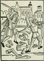 An illustration from Catalogue of an important library of rare and valuable books; incunabula typographica, mostly in original bindings; illustrated books of the XVIth and XVIIIth century; early Americana; Standard works on the fine arts; bibles and liturgical books; fine bindings; Judaica; early books on geography, etc., including Hypnerotomachia Poliphili, 1499; Schatzbehalter, 1491; Terentius, Venezia, 1497; Valturius, 1483; Dürers Hroswitha, Proportion a.o. Holbeins Dance of Death, 1538; The first Holbein Bible; Theuerdank, 1519; Monument du Costume; Janscha-Ziegler, Rheinansichten, etc (1900)